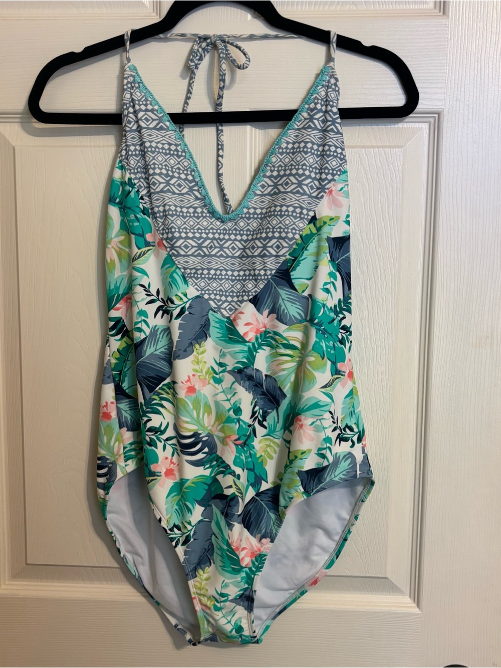 True Craft Tropical Leaf Halter One-Piece - Teal, Navy & Coral